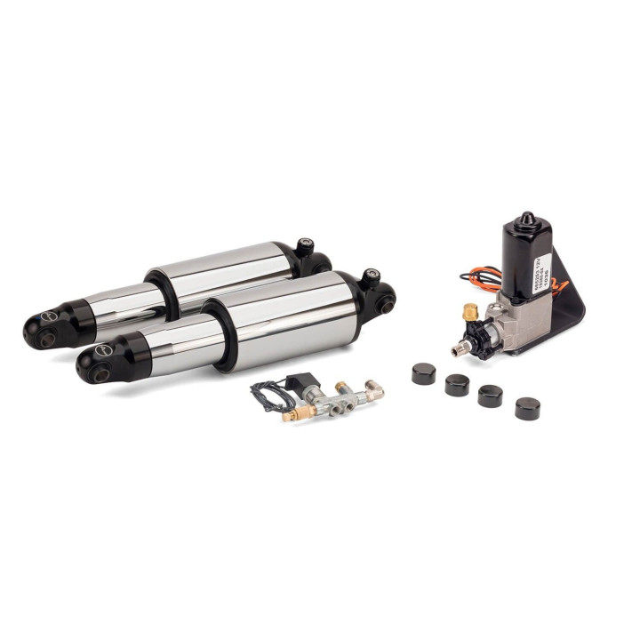 Arnott® Ultimate Ride air suspension kit for Harley-Davidson® Dyna 1991–2007, chrome, with rebound adjustment