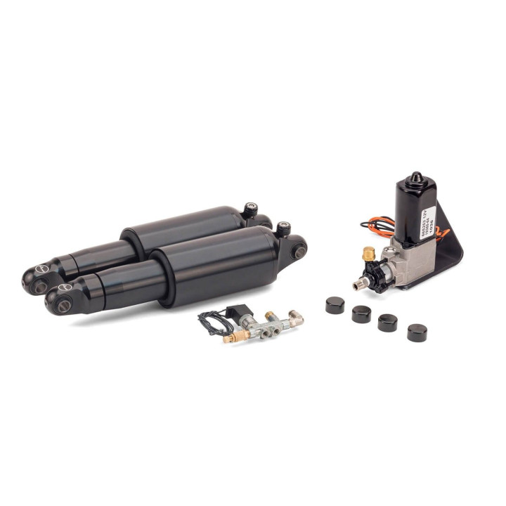 Arnott® Ultimate Ride air suspension kit for Harley-Davidson® Dyna 2008–2017, black, with rebound adjustment