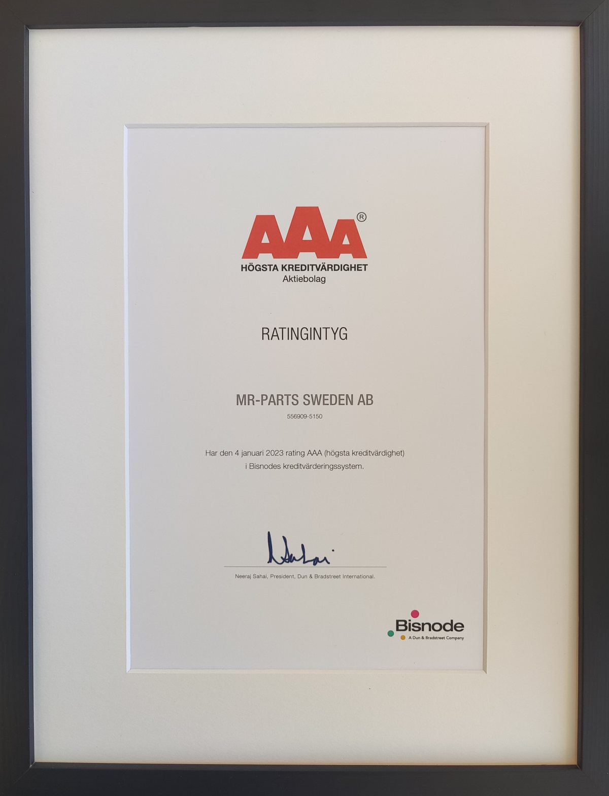 Mr-Parts Sweden AAA Credit Rating 2023 - Bisnode
