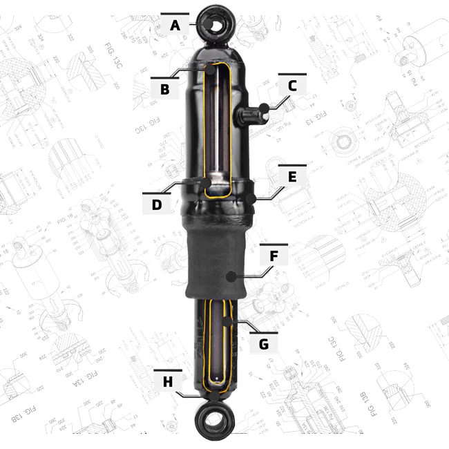Automotive-designed air shock with points A to H marked